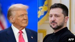 Ця комбінація фотографій, створена 25 лютого 2025 року, показує президента США Дональда Трампа 22 лютого 2025 року та президента України Володимира Зеленського 12 лютого 2025 року. (Фото Алекса ВРОБЛЕВСЬКОГО та Тетяни ДЖАФАРОВОЇ / AFP)