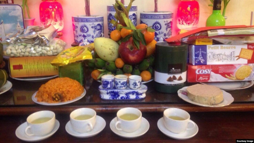A traditional offering of food to ancestors on the eve of Tet in Vietnam.