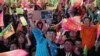 Supporters of Taiwan's 2020 presidential election candidate, Taiwan president Tsai Ing-wen cheer for Tsai's victory in Taipei, Taiwan, Jan. 11, 2020.