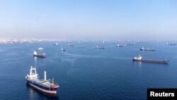 FILE PHOTO: Commercial vessels including vessels which are part of Black Sea grain deal wait to pass the Bosphorus strait off the shores of Yenikapi in Istanbul
