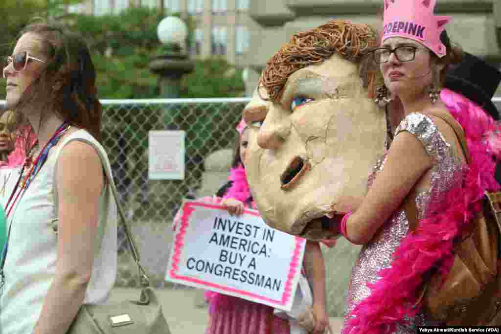 Code Pink protesters are in Cleveland to protest the Republican Party's presumptive nominee, Donald Trump. The feminist anti-war organization is known for sneaking into events and causing high-profile disruptions. The group has repeatedly interrupted Trump campaign events.