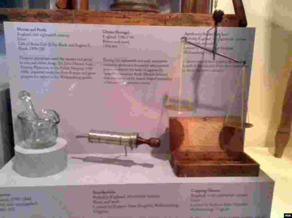 The mortar and pestle (left) were used to mix and refine drugs, the syringe (center) was used to administer laxatives to rid the body of harmful or excessive fluids. Doctors carried the scales (right) as they made rounds so that they could weigh the correct dosage of medicine. 