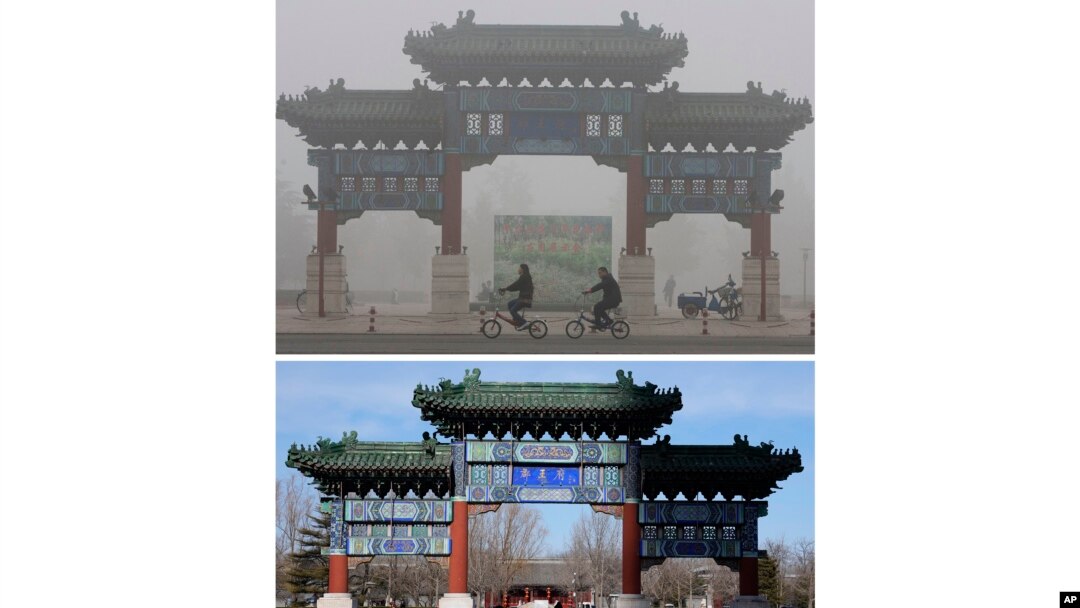 Cyclists ride past a traditional Chinese gateway during a day murky from fog and pollution in Beijing, on Oct. 26, 2007, top, and the same location on Feb. 5, 2022. (AP Photo/Ng Han Guan, File)