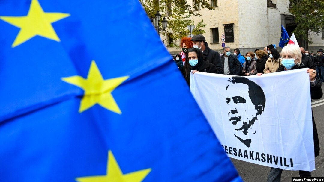 Georgians rally to demand the release of the jailed ex-president and opposition leader Mikheil Saakashvili in Tbilisi on Nov. 19, 2021.