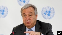 FILE - U.N. Secretary-General Antonio Guterres speaks during a news conference in Nairobi, Kenya, March 8, 2017. 