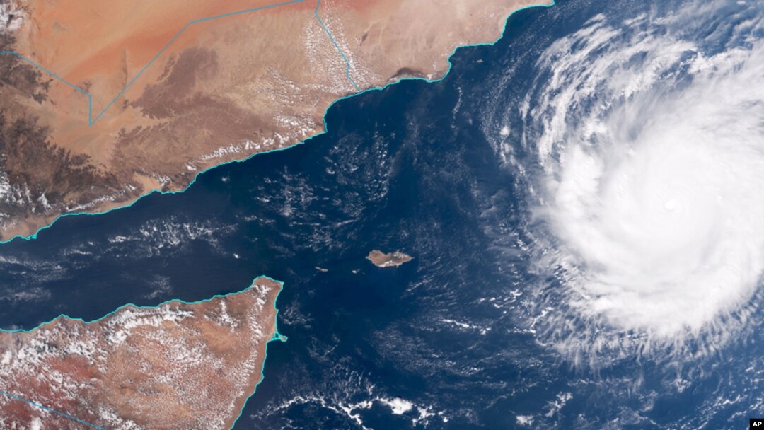 This satellite image, captured by NOAA on Oct. 30, shows Tropical Cyclone Chapala as it nears the Arabian peninsula. Chapala is expected to make landfall over eastern Yemen between late evening Monday and early Tuesday.
