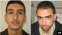 FILE - Two-picture combo image provided by Shin Bet, Israel's security service, shows Marwan Qawasmeh, left, and Amer Abu Aisheh, right.