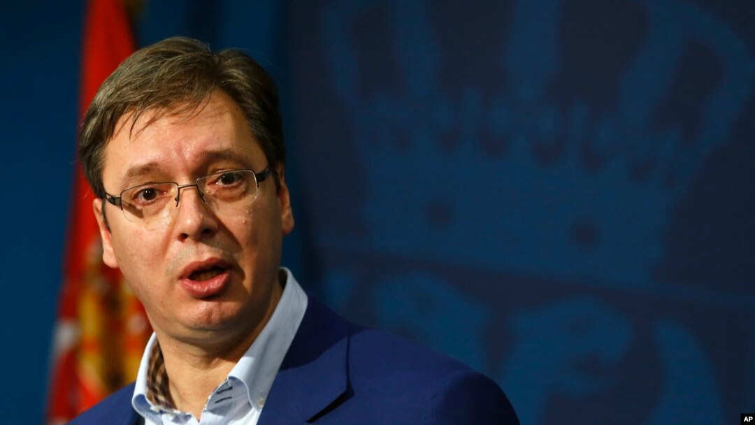 Serbian Prime Minister Aleksandar Vucic speaks during a press conference, in Belgrade, Serbia, Oct. 30, 2016. Vucic and his family were moved to a safe location after a cache of weapons was found Saturday near his residence outside Belgrade.