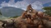 An artistic rendering of homo erectus killing an elephant on the African savannah about 1.2 million years ago. (Smithsonian/Karen Carr Studios). 
