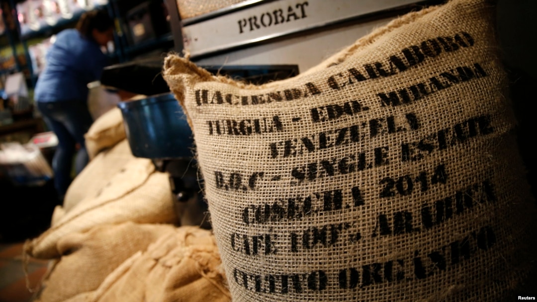 A Venezuelan coffee beans bag is seen at a roaster in Caracas, Feb. 26, 2015. 