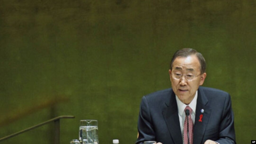 United Nations Secretary General Ban Ki-moon addresses diplomats in the United Nations General Assembly for the 2011 high-level UN conference on the global AIDS response, at UN Headquarters in New York, June 8, 2011