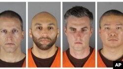 Les officiers de police inculpés dans le cadre de la mort de George Floyd. De gauche à droite : Derek Chauvin, J Alexander Kueng, Thomas Lane et Tou Thau.
