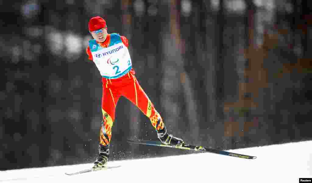 Chenyang Wang of China competes in the men's 20km free cross-country skiing event of the Pyeongchang 2018 Winter Paralympics at the Alpensia Biathlon Centre, Pyeongchang, South Korea.