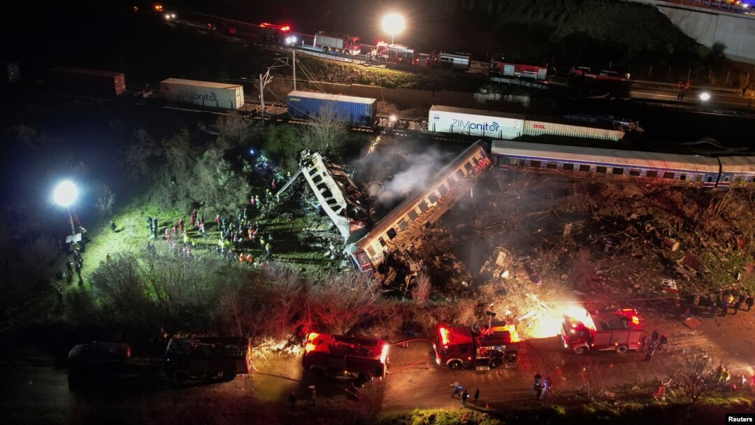 A view of the site of a crash, where two trains collided, near the city of Larissa, Greece, March 1, 2023. 
