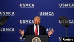 FILE - U.S. President Donald Trump delivers remarks on supporting the passage of the U.S.-Mexico-Canada (USMCA) trade deal during a visit to Milwaukee, Wisconsin, July 12, 2019.