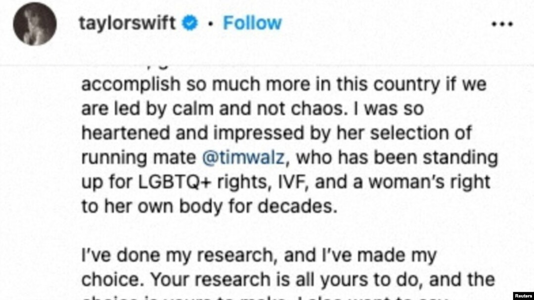 Singer Taylor Swift endorses Democratic Vice President Kamala Harris, following the presidential debate between former U.S. President Donald Trump and Harris, in a post on Instagram in this screenshot taken from a social media post, Sept. 10, 2024.