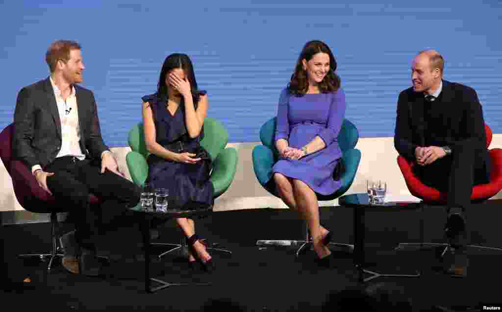 Britain's Prince Harry, his fiancee Meghan Markle, Prince William and Catherine, Duchess of Cambridge attend the first annual Royal Foundation Forum held at Aviva in London.