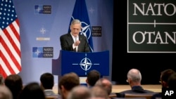 U.S. Defense Secretary Jim Mattis speaks during a press conference after a meeting of NATO defense ministers at the alliance's headquarters in Brussels, Belgium, Nov. 9, 2017.
