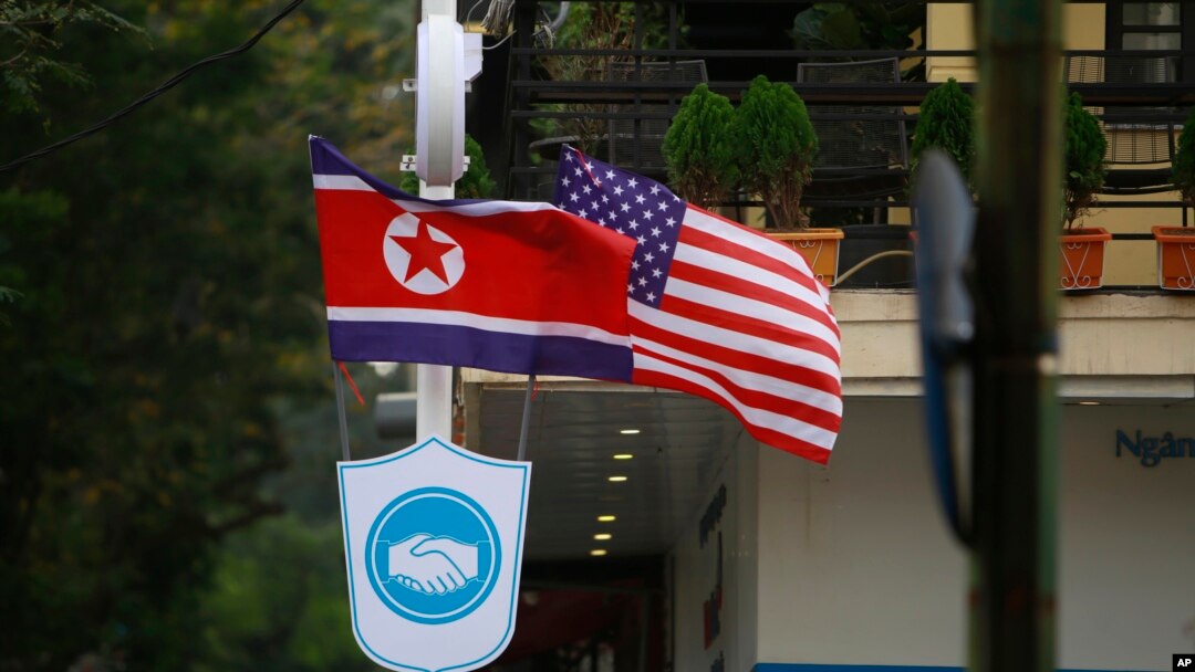 FILE - Flags of North Korea and the U.S are flown on a street in Hanoi, Vietnam, Feb. 19, 2019.
