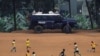 An Ugandan police APC (Armoured Personnel Carrier) is parked on a soccer field in Kampala, Uganda, Jan. 18, 2021. 