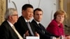 欧盟委员会主席容克（左一）、中国国家主席习近平（左二）、法国总统马克龙（右二） 和德国总理默克尔2019年3月26日在法国巴黎爱丽舍宫出席记者会。